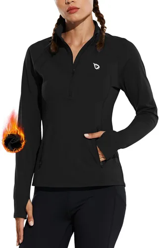 baleaf Chaqueta de forro polar para mujer con media cremallera para clima frío, camisetas térmicas, tops atléticos para entrenamiento de invierno