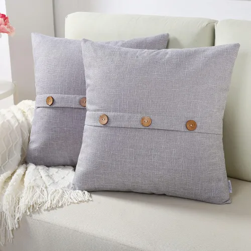 FUTEI Juego de 2 fundas de almohada decorativas de lino gris claro de 22 x 22 pulgadas, funda cuadrada con botón y cremallera vintage, decoración