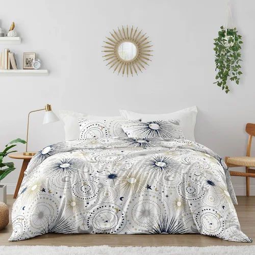Sweet Jojo Designs Juego de ropa de cama para niño o niña, tamaño matrimonial/queen, 3 piezas, azul marino, dorado y gris, cielo celestial, Azul