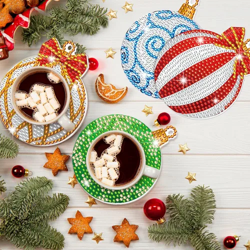 Miniatura 6 de 10 piezas de posavasos de arte de diamante con bola de Navidad DIY Posavasos de pintura de diamante rojo y verde con copo de nieve y alce de Navidad
