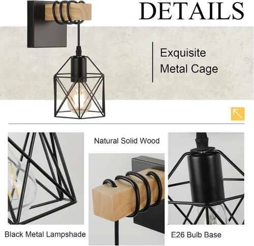 Miniatura 2 de Apliques de pared enchufables juego de dos, iluminación de pared estilo granja, lámpara de tocador negra para baño con pantalla de jaula metálica