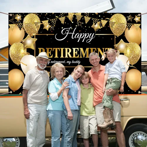 Miniatura 6 de GEMLORD Decoraciones de fiesta de jubilación con texto en inglés «Happy Retirement» de tela grande, telón de fondo negro y dorado con cuerda