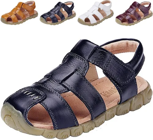 DADAWEN - Sandalias deportivas de cuero para niños y niñas, puntera cerrada, para exteriores (para bebés, niños pequeños y grandes)