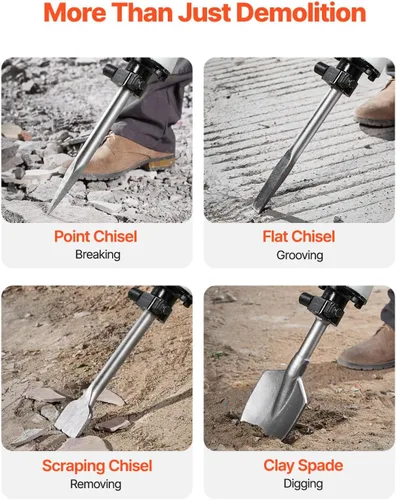Miniatura 3 de VEVOR Demolition Jack Hammer, potente martillo eléctrico de 2800 W, rompedor de concreto de 1200 BPM con 3 cinceles, una pala de arcilla, funda