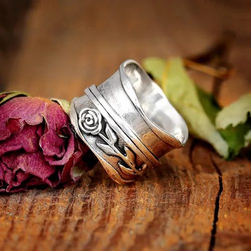 Miniatura 6 de Boho-Magic Anillo giratorio de plata de ley 925 para mujer, diseño de flor rosa, alivio de la ansiedad, banda ancha