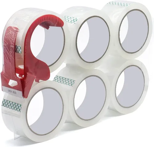 WELSTIK Núcleo de 3 pulgadas, paquete de 6 cintas de embalaje transparentes resistentes de 2.4 mil 2 pulgadas x 60 yardas con dispensador, caja de