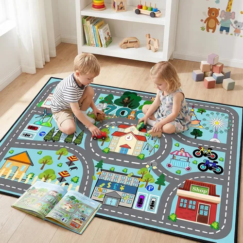 Miniatura 15 de Alfombra de carretera para habitación de niños, alfombra de juego azul para pista de carreras, alfombra de coche para dormitorio, sala