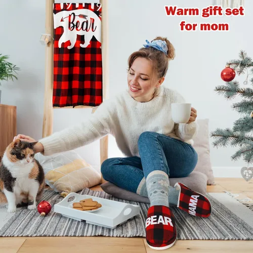 Miniatura 5 de VitalCozy 2 piezas de pantuflas de mamá oso regalo para mamá, mamá, oso, manta a cuadros de búfalo para asistentes administrativos, manta de regalo