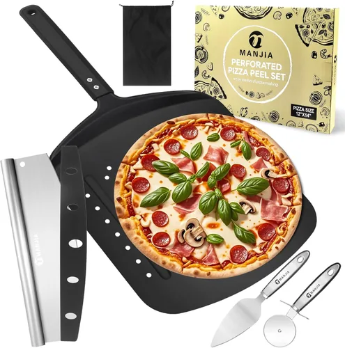 Pala perforada de aluminio para pizza de 12 pulgadas, antiadherente, de metal, con cortador basculante, 12 x 14 pulgadas, espátula grande de acero