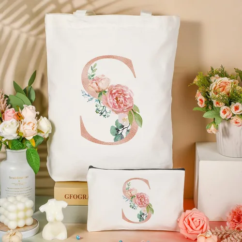 Miniatura 3 de Sanwuta 2 bolsas de lona con inicial, diseño floral con letras florales, bolsas de cosméticos de viaje, bolsas con monograma para mujer, mujer
