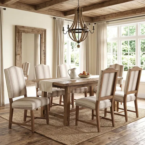 Miniatura 12 de ROCITY Juego de 2 sillas de comedor de lino tapizadas color beige, sillas laterales de cocina con patas de madera y ribete de cabeza de clavo