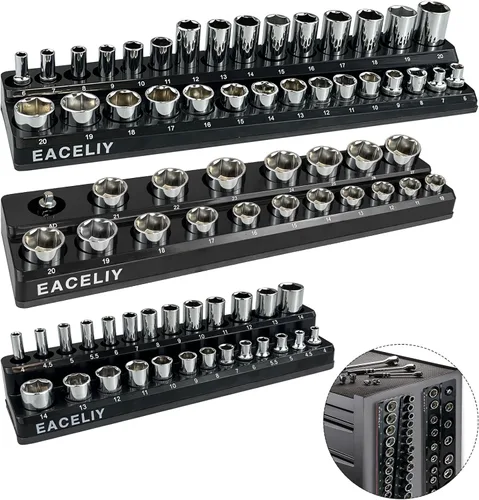 Miniatura 8 de EACELIY Juego de Organizador Magnético de Llaves de Vaso de 6 Piezas, Kit de 1/2", 1/4" y 3/8" SAE y Métrico para Llaves de Vaso Profundas