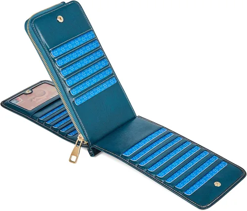 Miniatura 2 de FOXLOVER Portatarjetas de crédito múltiples para mujer, con bloqueo RFID, cartera de cuero para mujer con bolsillo con cremallera, Azul