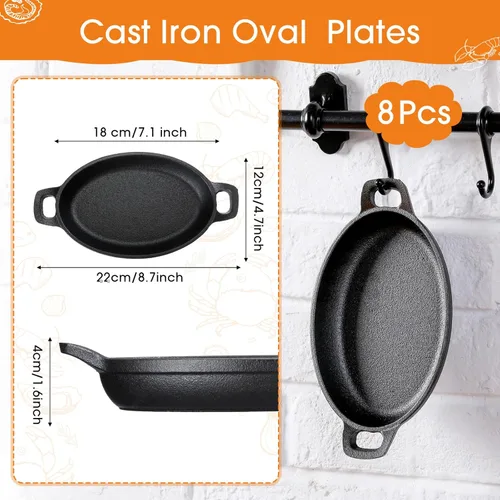 Miniatura 2 de Mifoci Paquete de 8 mini fajitas de hierro fundido, 7.1 x 4.7 pulgadas, sartén ovalada para carne, juego de moldes pequeños, cacerola negra