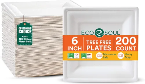 ECO SOUL Platos de papel compostables de 6 pulgadas, paquete de 200 – Pequeños platos de postre desechables, resistentes, bagazo blanco, resistentes