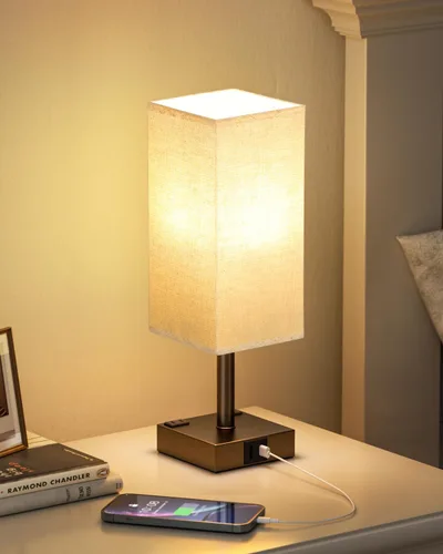 Miniatura 13 de Lámpara de mesa de noche táctil, con pantalla, puertos de carga USB C+A y salidas de CA duales, para dormitorio, sala de estar, oficina