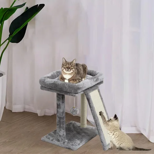 Miniatura 9 de SYANDLVY Árbol pequeño para gatos con poste rascador, tabla rascador para gatos con perca, rascador de poste para gatos de interior, 2 bolas Beige