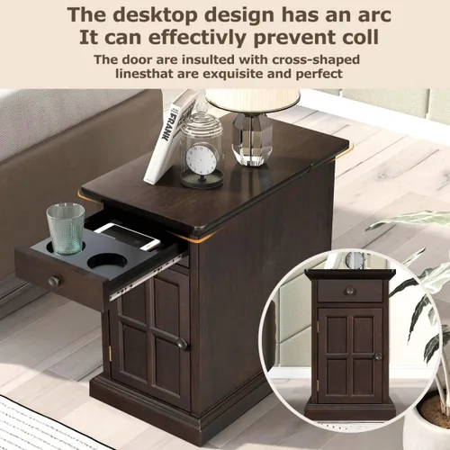 Miniatura 3 de Mesa auxiliar pequeña con estación de carga, puertos USB, bandeja extraíble oculta, mesa auxiliar con armario de almacenamiento, mesa decorativa
