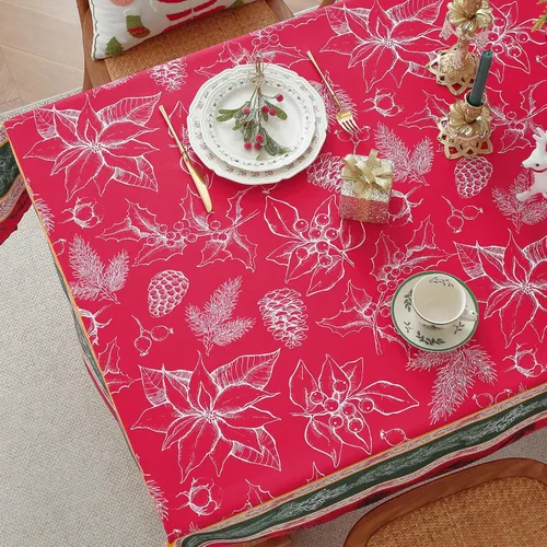 Miniatura 8 de SASTYBALE - Mantel navideño rectangular de 52x70 pulgadas, con diseño vintage de Flor de Pascua y acebo, resistente a las arrugas, para cenas