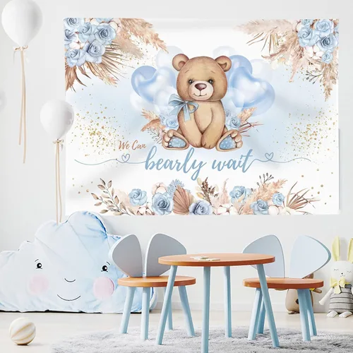 Miniatura 2 de Telón de fondo de baby shower con diseño de oso para baby shower, estilo bohemio, flor azul con texto en inglés "We can Bearly Wait", globos