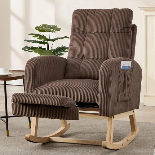 NIOIIKIT Nursery Rocking Chair, Corduroy Upholstered Rocking Chair with Adjustable Footrest, Tufted Rocker Chair with Side Pocket, Glider Rocker for