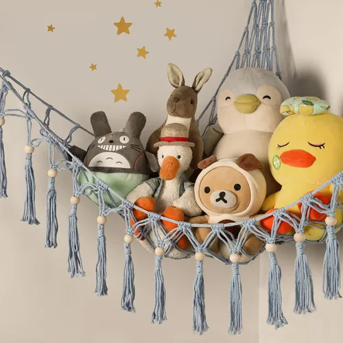Miniatura 8 de Hamaca de almacenamiento para juguetes de animales de peluche con luz LED - Organizador de habitación jumbo de macramé para muñecas, decoración