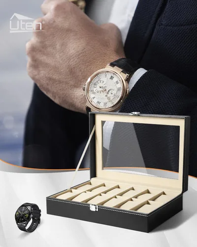Miniatura 7 de Uten Organizador de relojes, caja de poliuretano con 12 ranuras y tapa de cristal, regalo del día de San Valentín, caja de exhibición de reloj