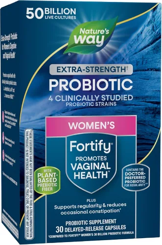 Nature's Way Cultivos probióticos 50B Fortify Extra Strength(1) para mujeres, apoya la salud digestiva, vaginal e inmunológica*, fibra prebiótica a