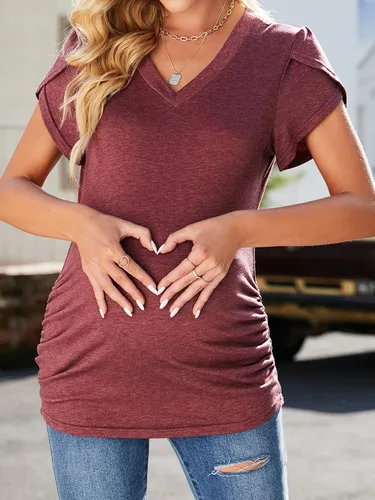 Miniatura 2 de Molliya Camisas de maternidad para mujer, manga corta y larga, cuello en V, fruncido, lateral, para embarazo, verano, blusa, ropa de maternidad