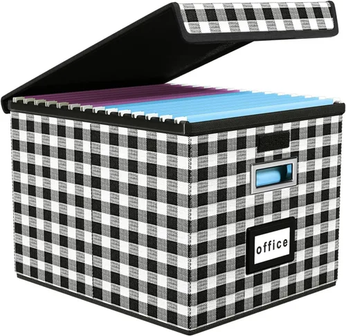 Miniatura 12 de Caja Organizadora de Archivos con Tapa, Caja Organizadora Plegable de Cuero Sintético para Carpetas Colgantes con Rieles de Plástico, Cajas (cuero)