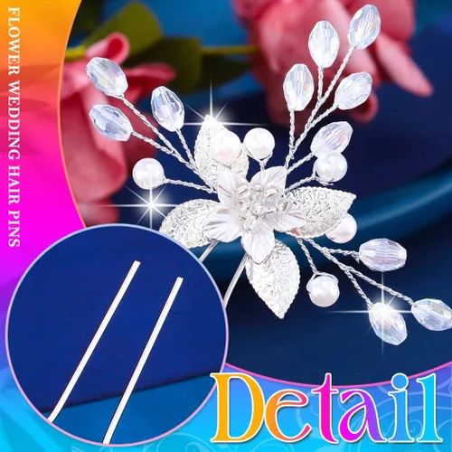 Miniatura 5 de HEREAD Flower Bride - Horquillas para el cabello de boda con perlas plateadas, accesorios para el cabello de hojas para mujeres (paquete de 3)