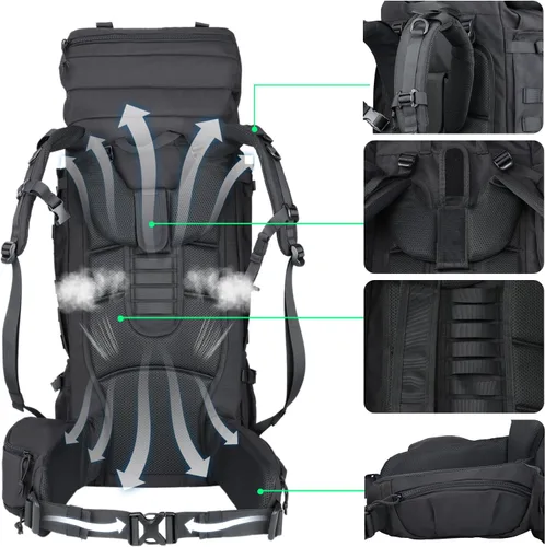 Miniatura 5 de Zsearaymy - Mochila de senderismo MOLLE de 75L con marco interno y cubierta de lluvia para táctica, camping, mochilero, viajes de supervivencia Negro