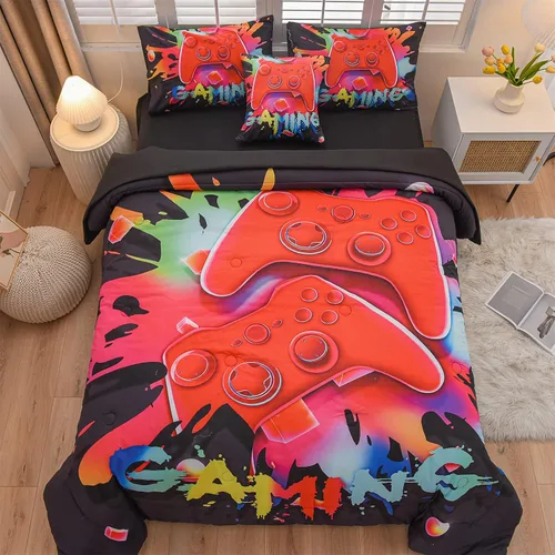 Miniatura 6 de Aimuan - Juego de ropa de cama para jugadores, conjuntos de edredón 3D con mando de juego para niños, botones de acción, controlador de juego Negro