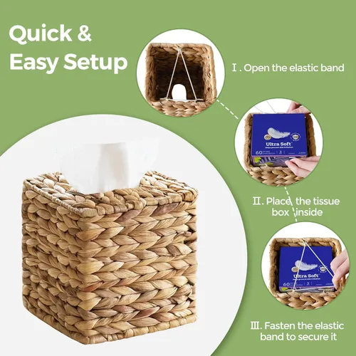 Miniatura 8 de Funda cuadrada de mimbre para caja de pañuelos, cajas de pañuelos faciales, caja de servilletas tejida a mano para baño, dormitorio, oficina, mesa