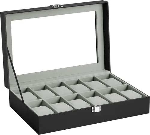 Miniatura 8 de SONGMICS Caja de reloj, caja de 12 ranuras con tapa de vidrio grande, almohadas de reloj extraíbles, regalo para seres queridos, cuero sintético