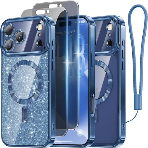 Miniatura 60 de Meifigno Candy Mag Series - Funda diseñada para iPhone 15 Pro, compatible con MagSafe, tarjeta con purpurina y correa de muñeca, protección completa