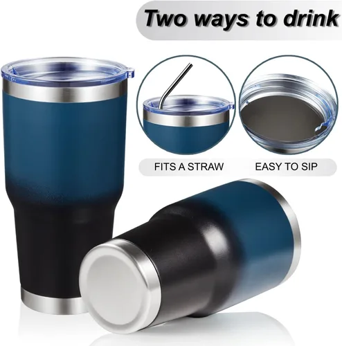 Miniatura 3 de MEWAY Vaso aislado de 30 onzas con tapas y popotes, vaso de café de acero inoxidable con doble vacío, cepillo, taza de café duradera con Azul/Negro