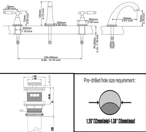 Miniatura 7 de Phiestina Grifo de baño cromado de 8 pulgadas y 3 agujeros con drenaje desplegable de metal, grifo de lavabo de baño sin Lesd, WF008-4-C Cromo