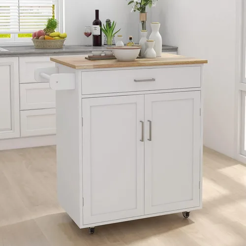 BNSPLY Pequeña isla de cocina con ruedas con almacenamiento, carrito de isla de cocina rodante con cajón, armario de almacenamiento y encimera de