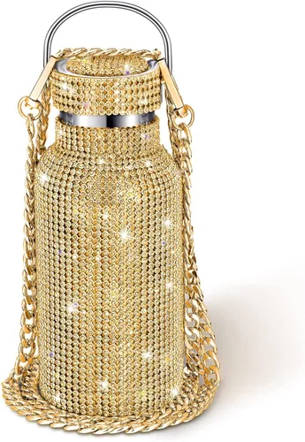Miniatura 22 de Geiserailie Botella de agua con diamantes de imitación de acero inoxidable, térmica, recargable, aislada, con cadena, para mujeres y niñas
