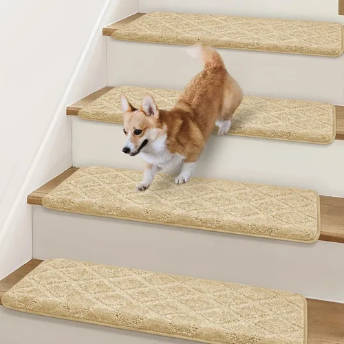 Peldaños Bullnose Antideslizantes de 9.5" x 30", 14 Piezas de Peldaños de Alfombra para Escalones de Madera para Interiores con Protección de