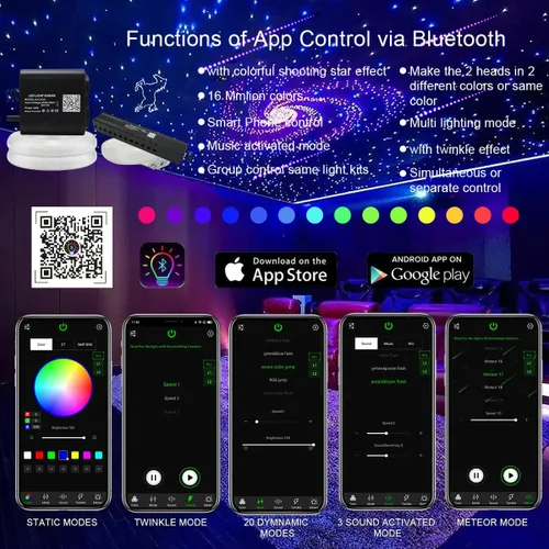 Miniatura 4 de AKEPO 20W RGBW Twinkle APP Luz de Color de 2 Cabezales, Luz de Fibra Óptica Meteoro Colorida, 1000pcs 0.03in 13.1ft Luz de Techo de Estrella