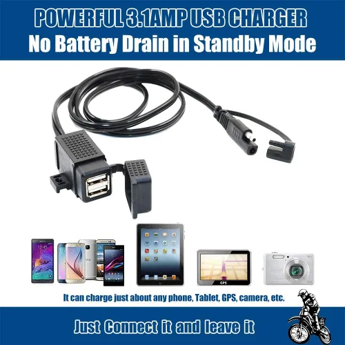 Miniatura 4 de MOTOPOWER MP0609C - Kit de cargador doble USB impermeable para motocicleta de 3,1 A, adaptador SAE a USB, cable para teléfono, tableta