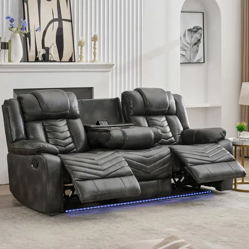 Miniatura 15 de Sofá reclinable manual con altavoces de graves para sala de estar, sofá biplaza reclinable eléctrico de cuero con luces LED, reclinables dobles, 2