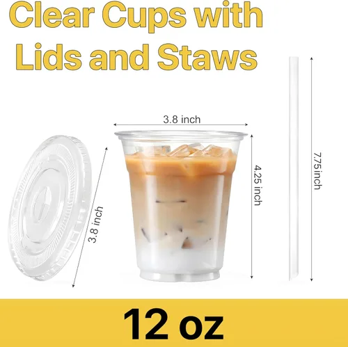 Miniatura 2 de Plastic Clear Cups [12 oz] with Lids and Straws [10 Set] Disposable Cold Beverage Drinking Iced Coffee Water Juice Tea Party Travel Cafe School
