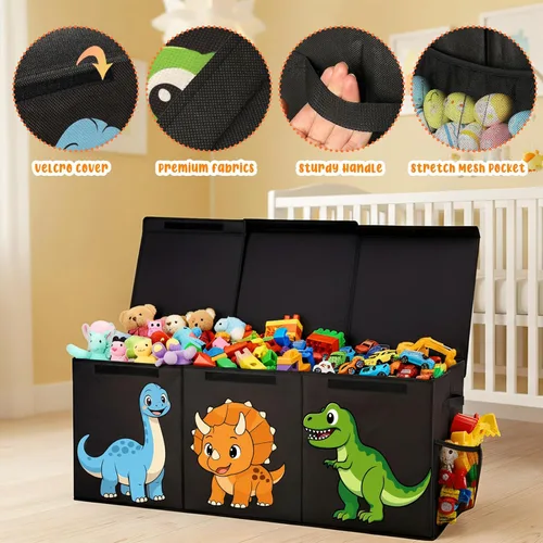 Miniatura 5 de Caja de juguetes plegable extragrande, organizador resistente de almacenamiento de juguetes de dinosaurios con tapas, 40 x 16 x 14 pulgadas, caja