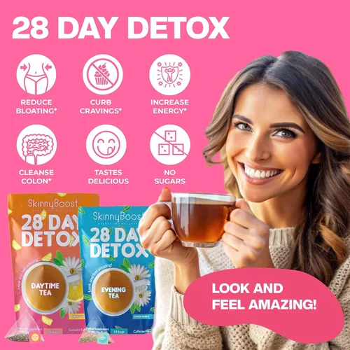Miniatura 6 de SkinnyBoost - Kit de té desintoxicante de 2 paquetes – 1 de día HIBISCO (28 bolsas) + 1 de noche MANZANA CANELA (14 bolsas) – Desintoxicación herbal