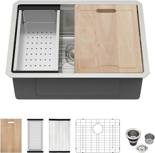 Miniatura 10 de Kichae fregadero de cocina bajo encimera de 32 pulgadas, de un solo tazón, de acero inoxidable, calibre 16, de esquina redonda, hecho a mano