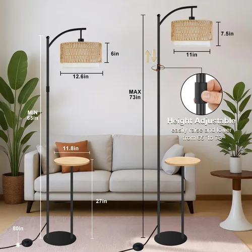 Miniatura 5 de Lámpara de pie de arco con mesa, lámparas de pie de ratán boho para sala de estar con control remoto regulable 3 temperaturas de color, lámpara
