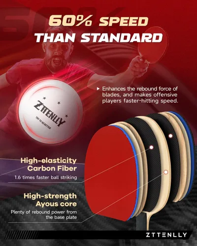 Miniatura 2 de Pala de ping pong con tecnología de carbono Serie de rendimiento, hoja de la más alta calidad de 7 capas, velocidad experta/borde/equilibrio